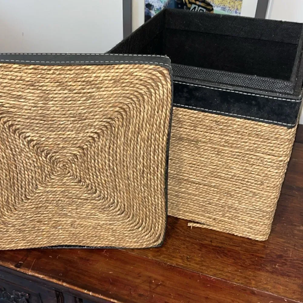 9” x 9” Wrapped Two Tone Rattan Home Cube Storage Basket Removable top hiding